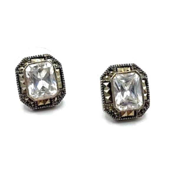 JUDITH JACK Sterling Silver Marcasite Faceted CZ Vintage Earrings - Picture 2 of 9